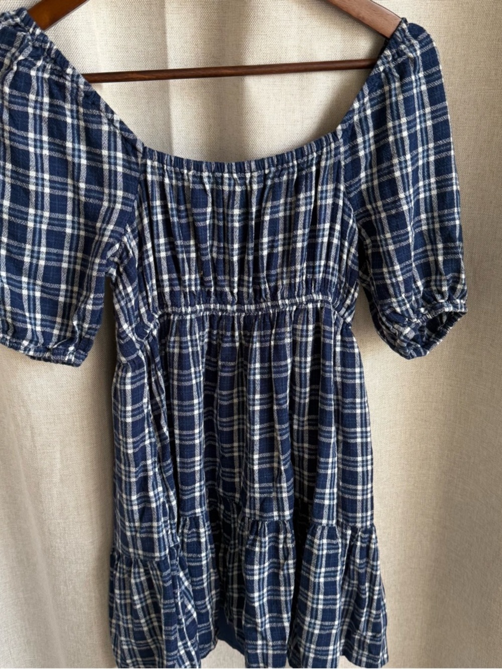 American Eagle Navy Blue Plaid Puff Sleeve Babydoll Cottagecore Mini Dress - Picture 4 of 6